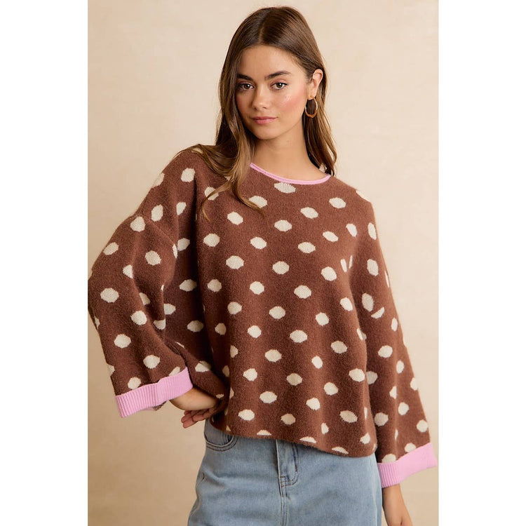 CONTRAST NECK AND ROLL UP DETAIL POLKA DOT SWEATER: MOCHA/BLUSH