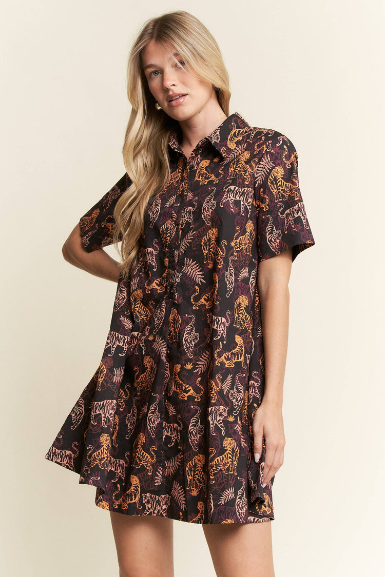 COLLARED TIGER PRINT MINI DRESS