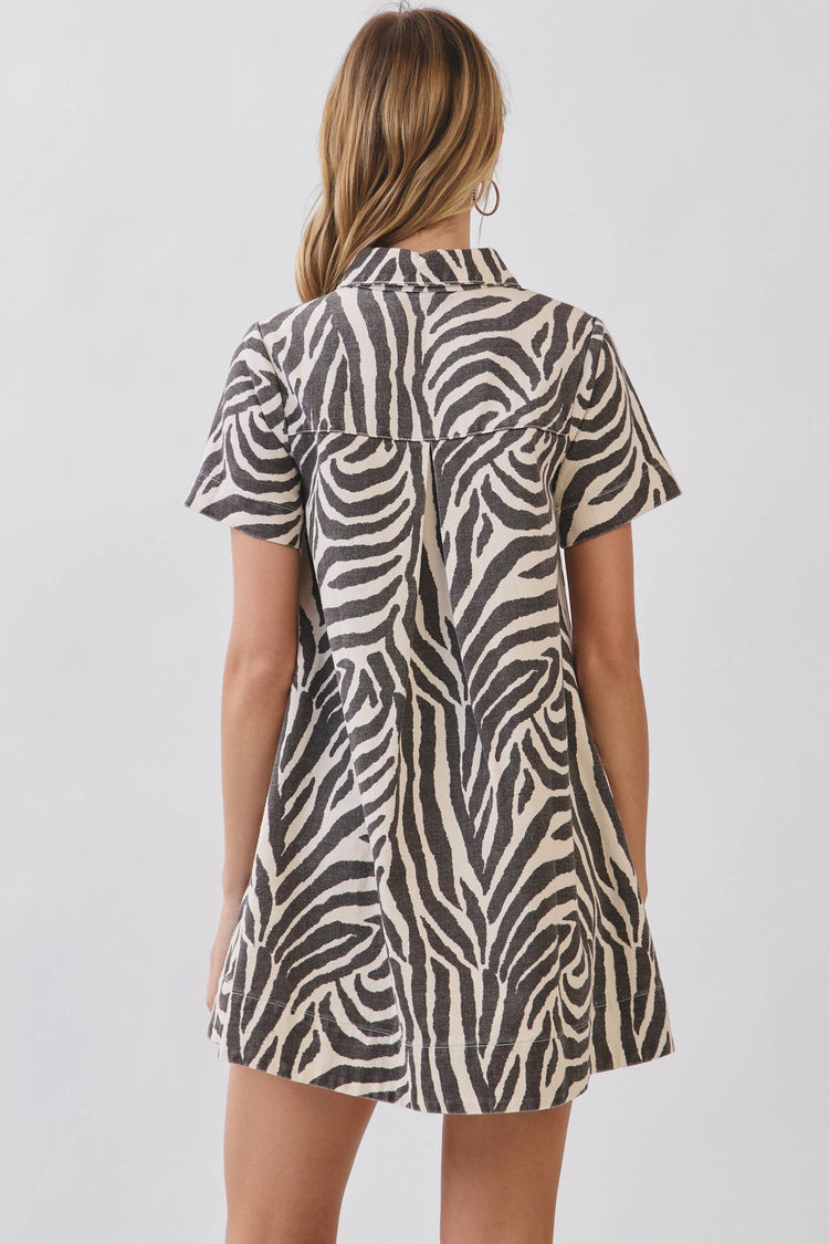 Zebra Print Button Down Collared Mini Dress