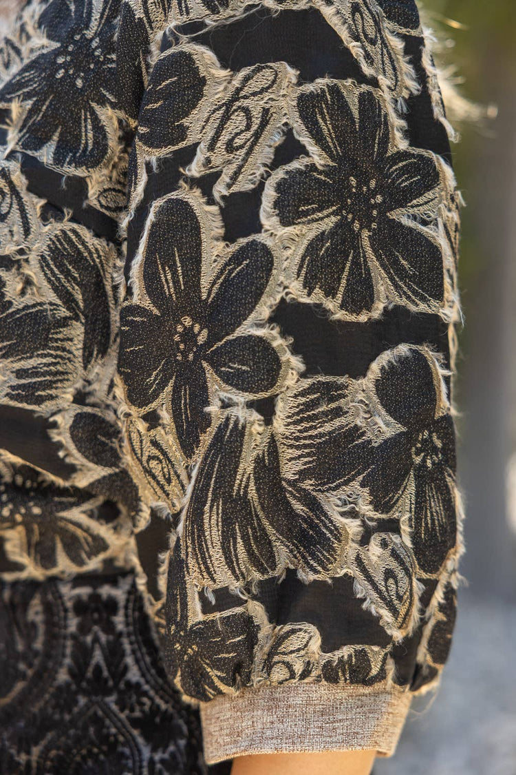 Contrast Ruffled V-Neck Floral Textured Top