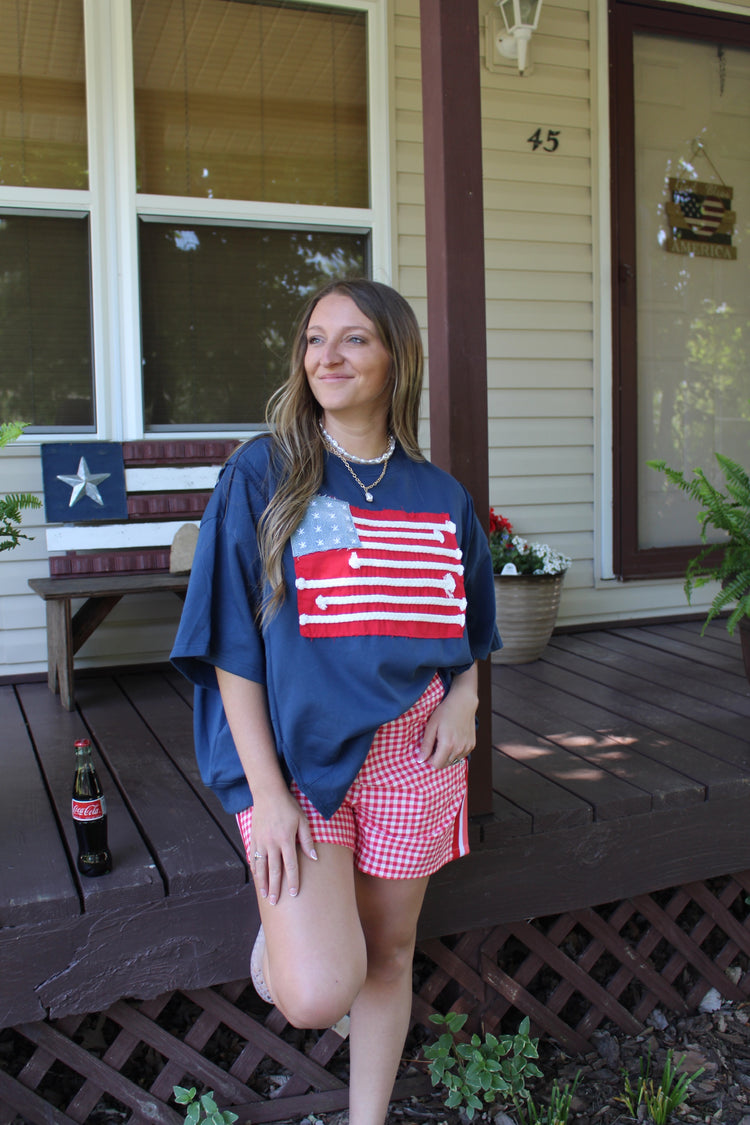 Boxy Wide Short Sleeve Top With American Flag Patchwork