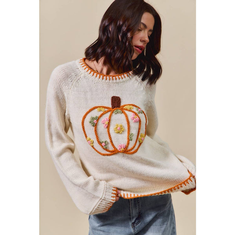 PUMPKIN FLORAL EMBROIDERED THANKSGIVING SWEATER