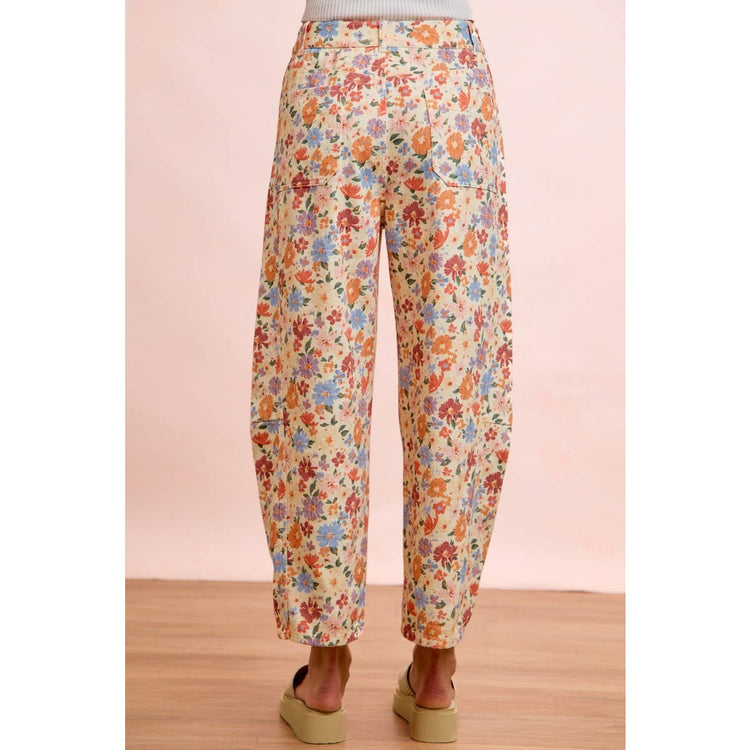 WASHED FLORAL PRINTED TWILL BARREL PANTS
