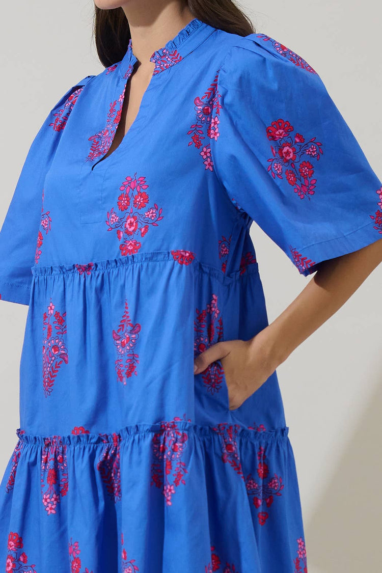 Shayna Floral Dixie Split Neck Shift Dress: BLUE-PINKs