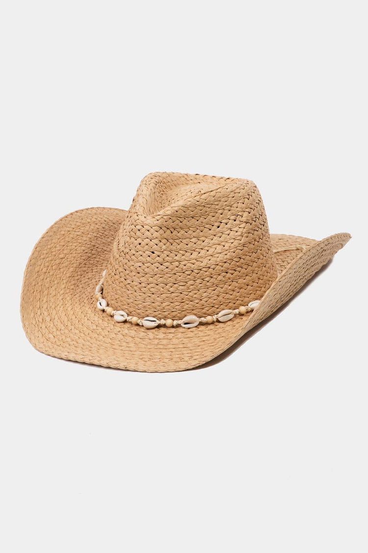 Cowrie Shell Straw Braided Cowboy Hat: KA