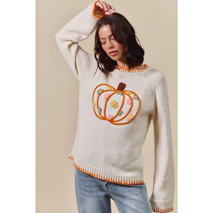 PUMPKIN FLORAL EMBROIDERED THANKSGIVING SWEATER