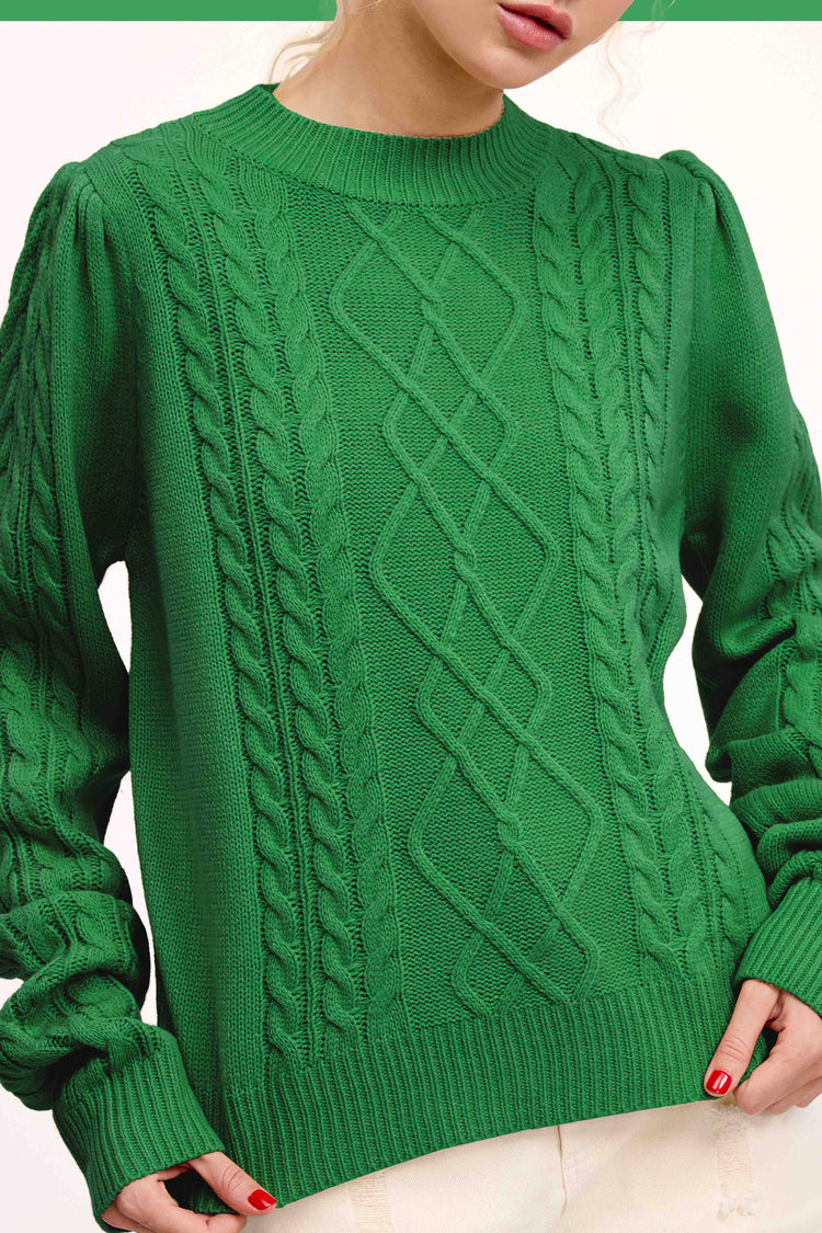 Pine Super Soft Ribbed Crew Neck Cable Knit Sweater