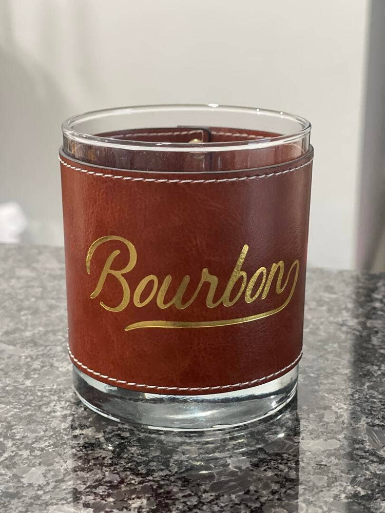 Bourbon Word Faux Leather Rocks Glass GOLD