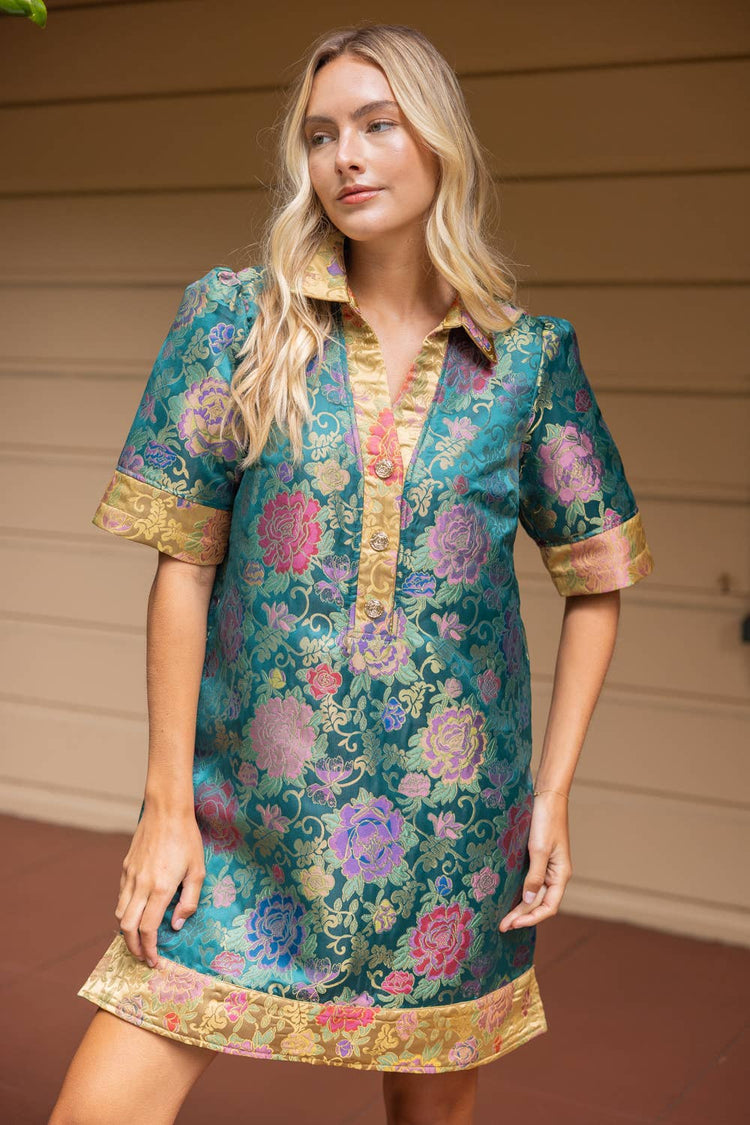 Color Block Collared Floral Jacquard Dress