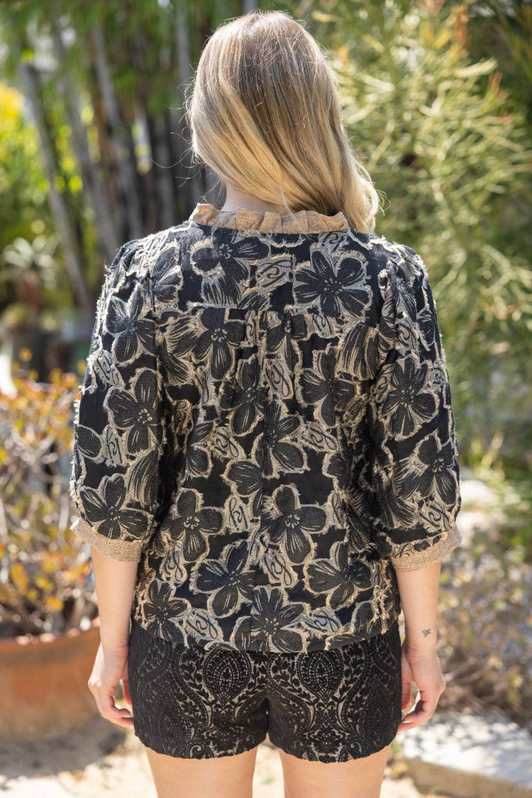Contrast Ruffled V-Neck Floral Textured Top