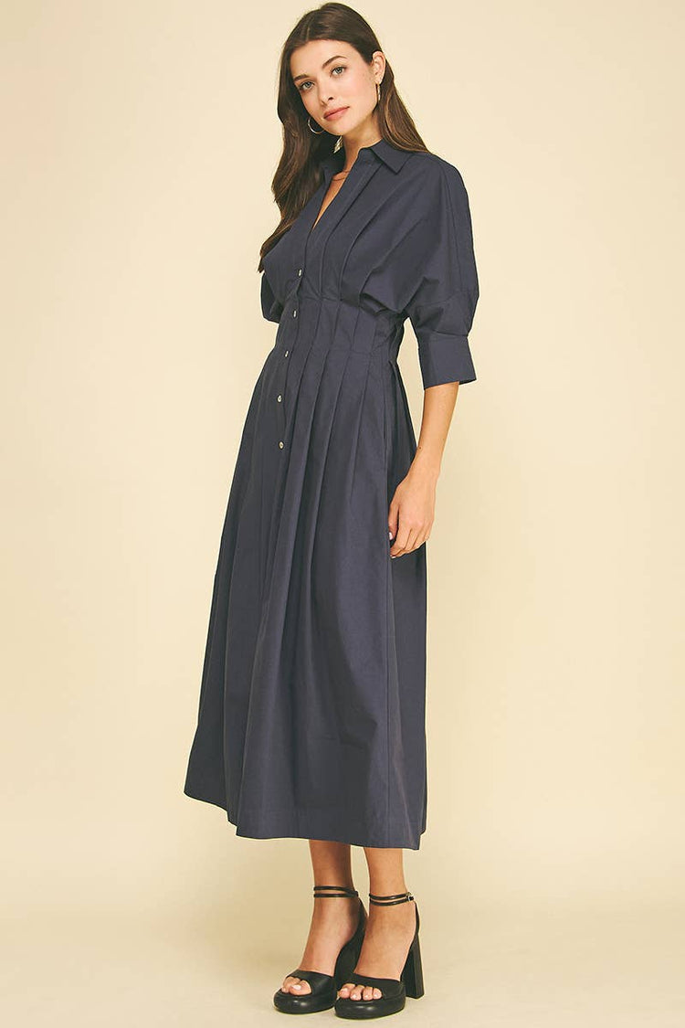 Pleated Button Down Midi Dress
