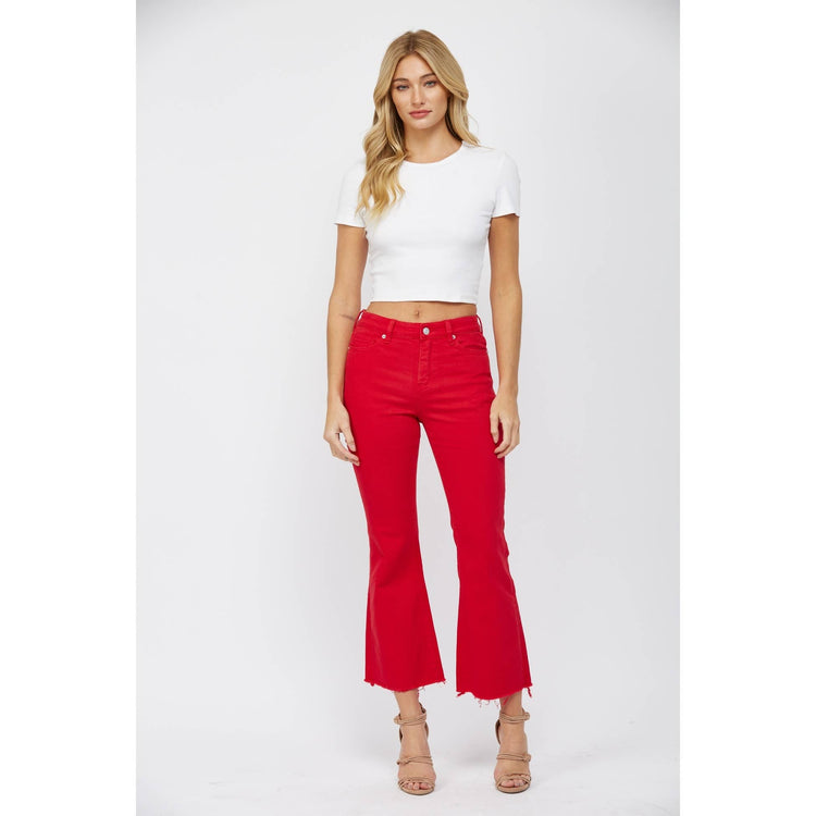 HIGH RISE ANKLE FLARE JEAN - HUSKER RED