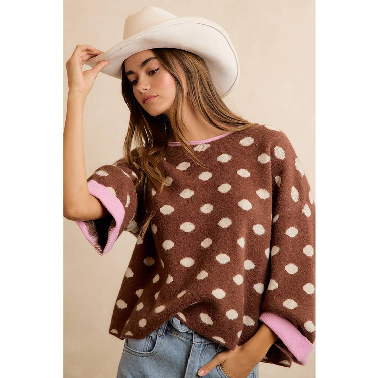 CONTRAST NECK AND ROLL UP DETAIL POLKA DOT SWEATER: MOCHA/BLUSH