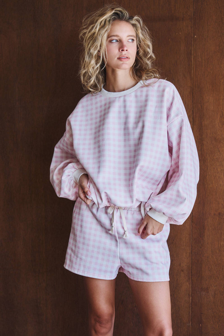 Gingham Fuzzy Knit Lounge Set: Pink