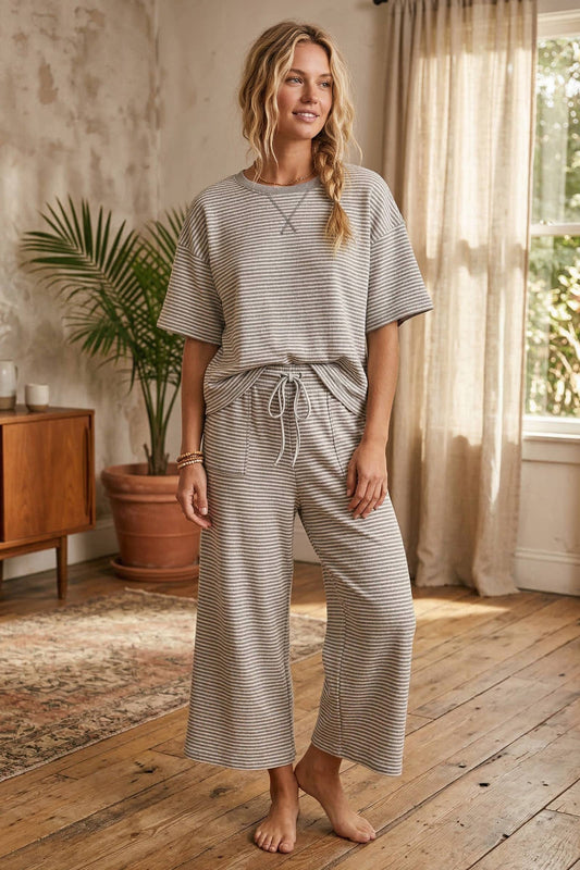 Striped Knit Top and Pants Set: Grey/white
