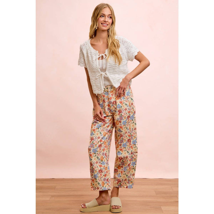 WASHED FLORAL PRINTED TWILL BARREL PANTS