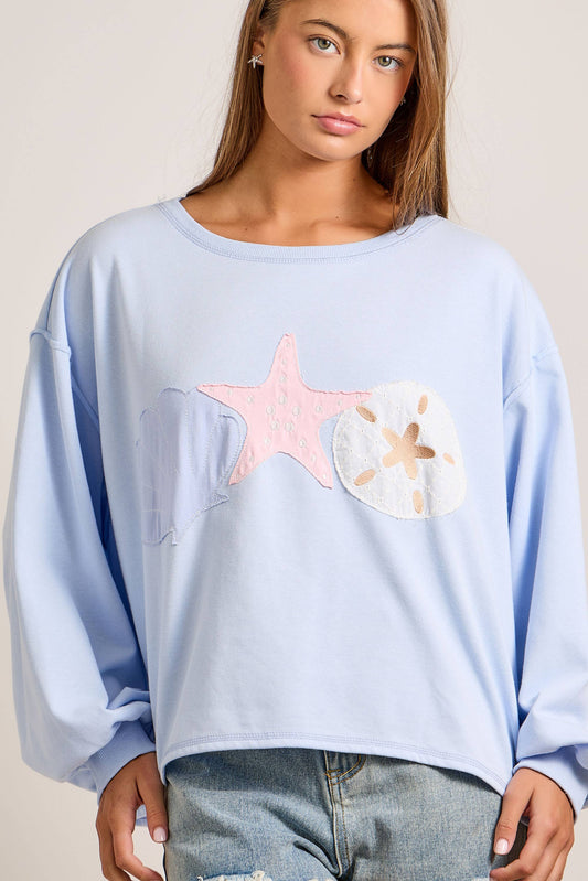 Boat Neck Long Sleeve Top With Seashell Patchwork