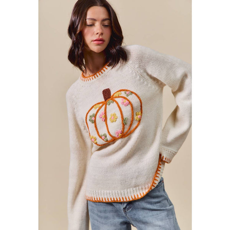 PUMPKIN FLORAL EMBROIDERED THANKSGIVING SWEATER