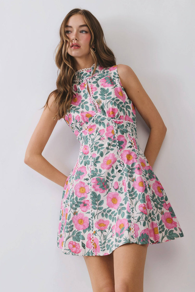 Floral Lace Trim Open Back Mini Dress: Pink