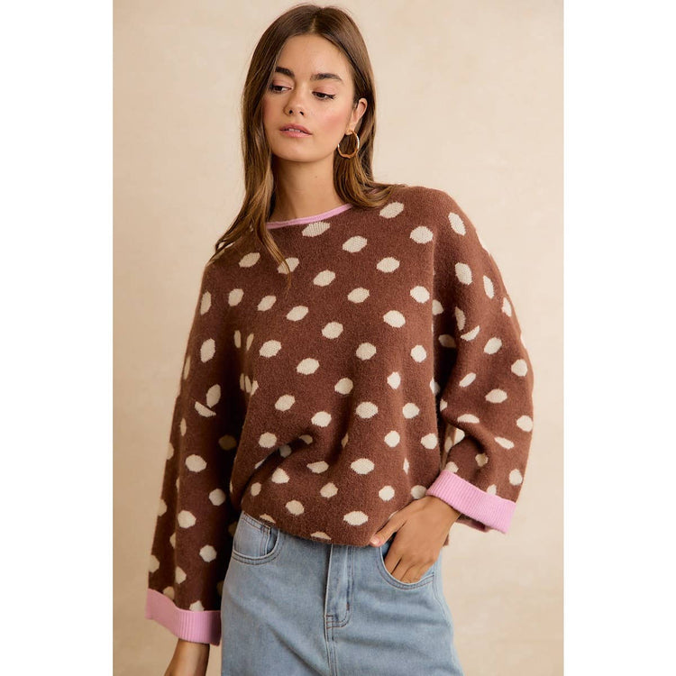 CONTRAST NECK AND ROLL UP DETAIL POLKA DOT SWEATER: MOCHA/BLUSH