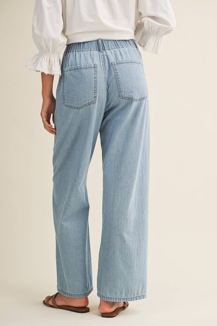 RELAXED DENIM PANTS WITH DRAWSTRING WAIST: WASHED DENIM