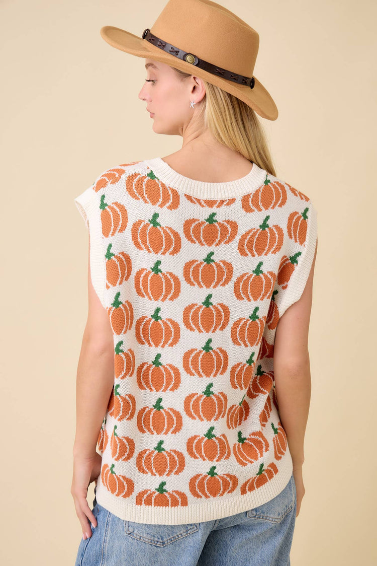 Pumpkin Print Sleevless Sweater Knit Top