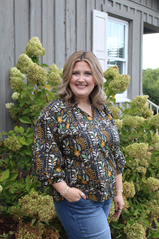 Botanical Print 3/4 Puff Sleeve