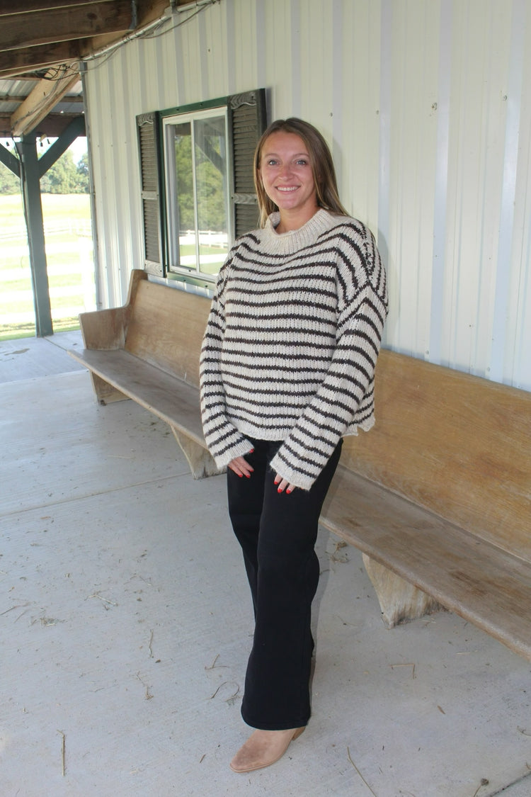 STRIPE ROLLED EDGE DETAIL LONG SLEEVE KNIT SWEATER