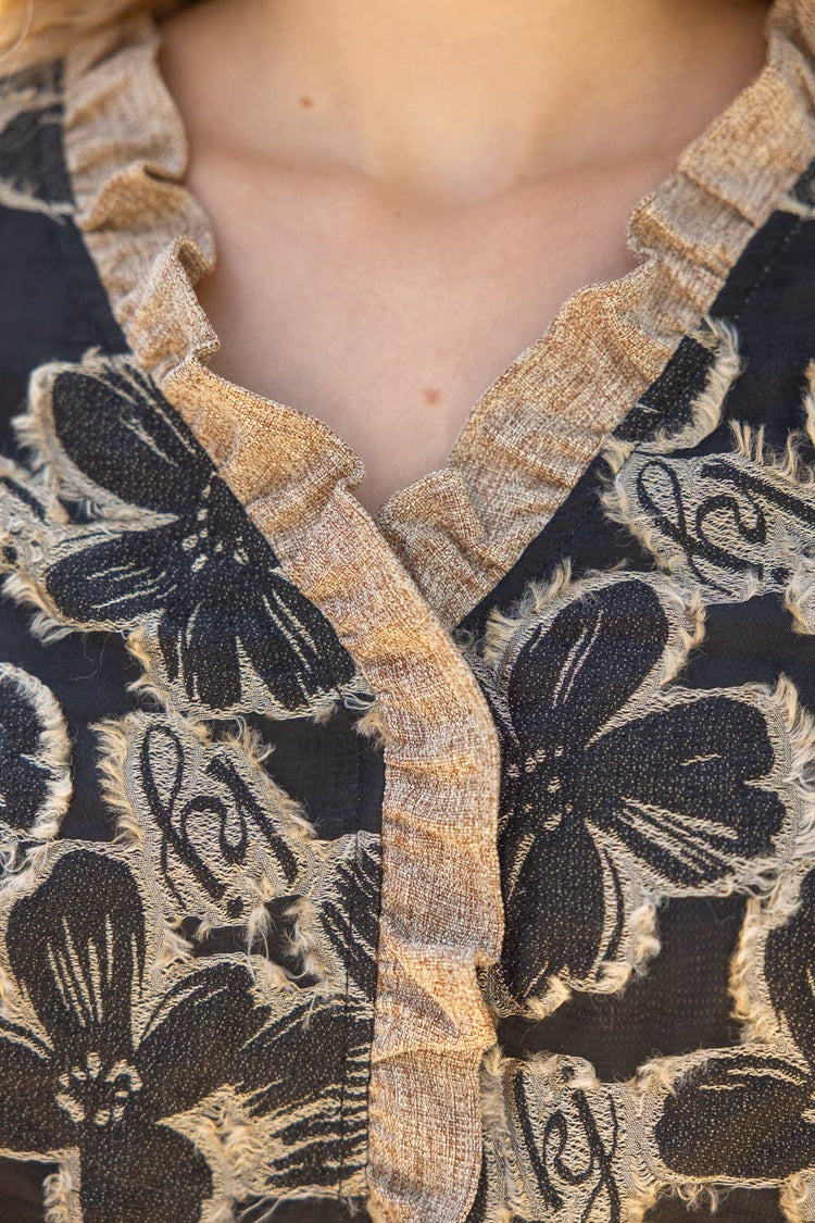 Contrast Ruffled V-Neck Floral Textured Top