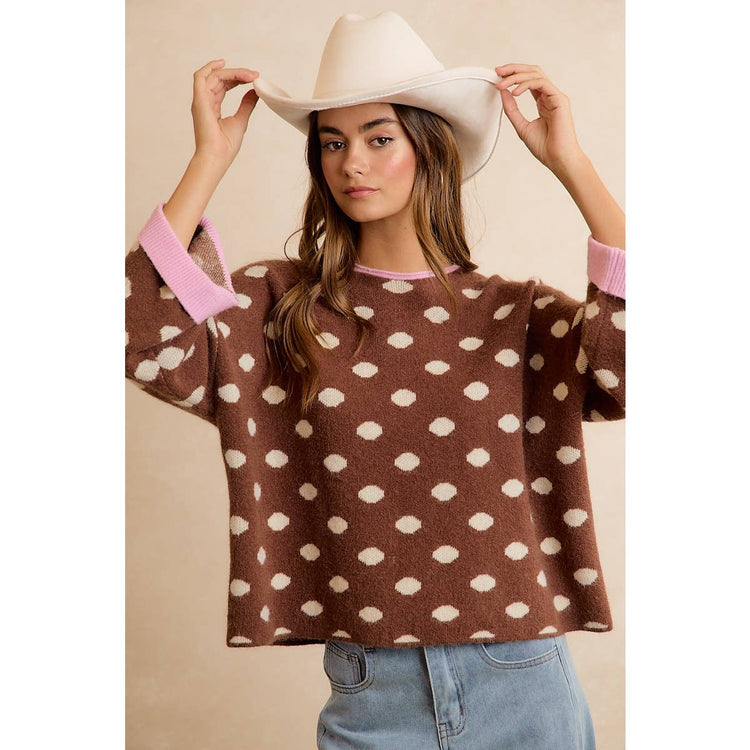 CONTRAST NECK AND ROLL UP DETAIL POLKA DOT SWEATER: MOCHA/BLUSH