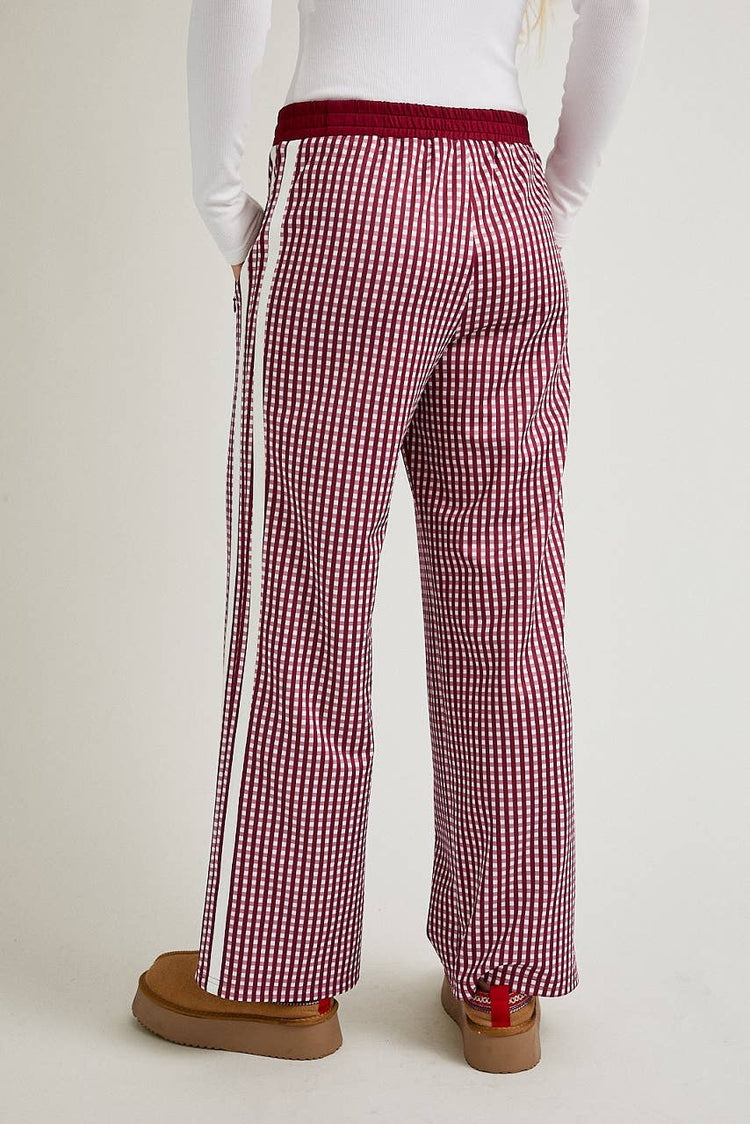 MID RISE SIDE STRIPE DETAIL TRACK PANTS: BURGUNDY-WHITE PLAID