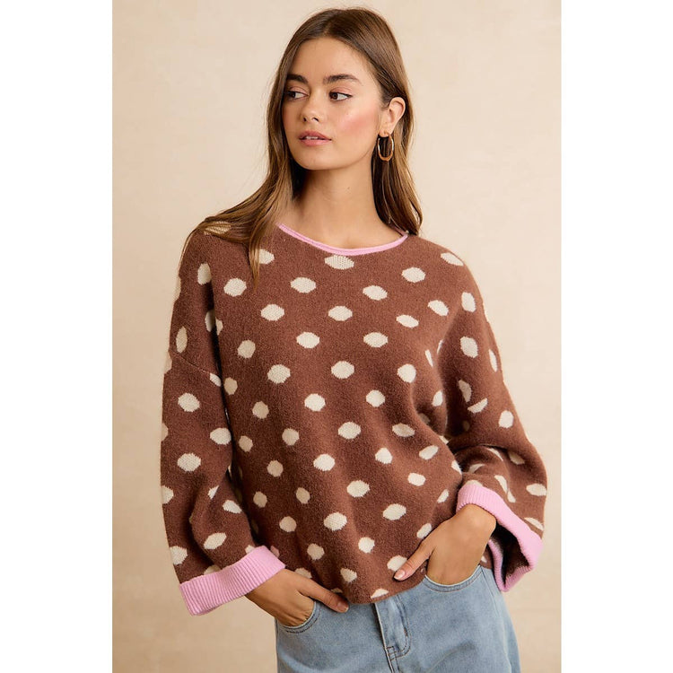 CONTRAST NECK AND ROLL UP DETAIL POLKA DOT SWEATER: MOCHA/BLUSH
