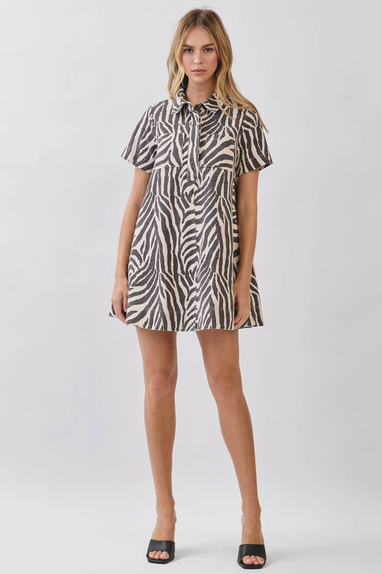 Zebra Print Button Down Collared Mini Dress