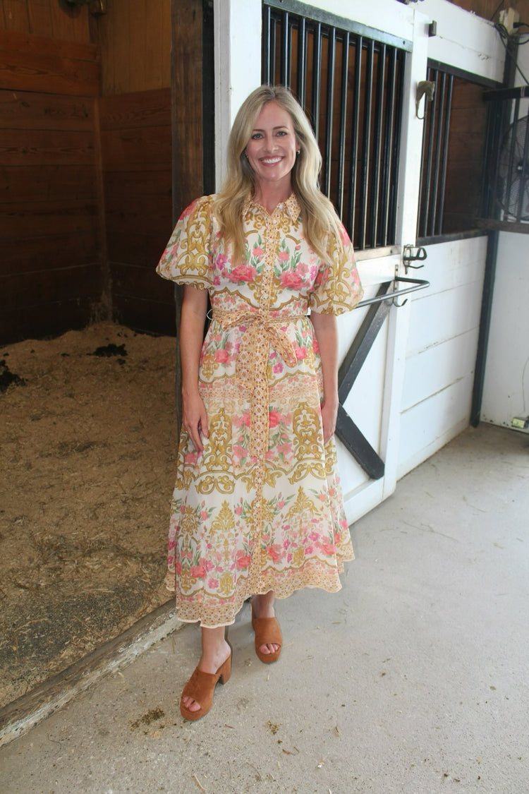 Printed Woven Tie-belt midi Dress