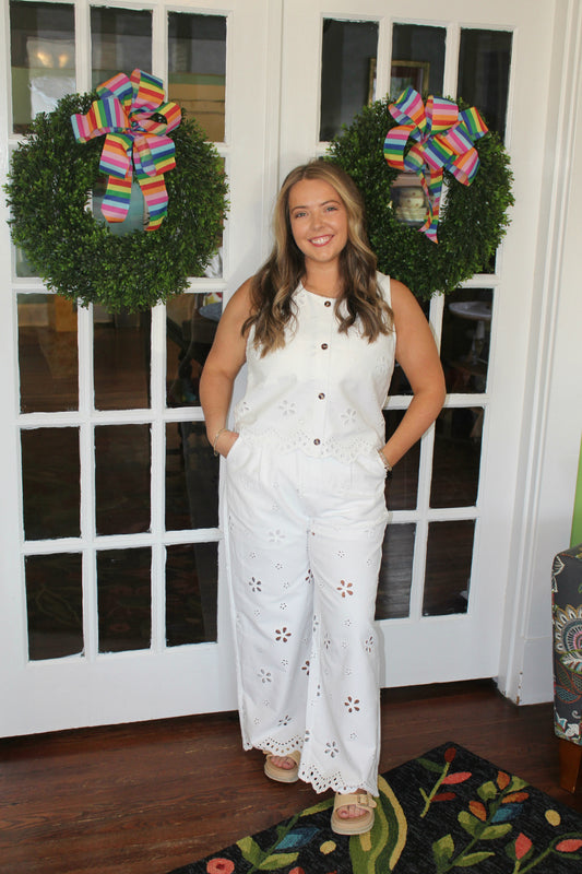 Eyelet  Embroidered Wide Leg Pants