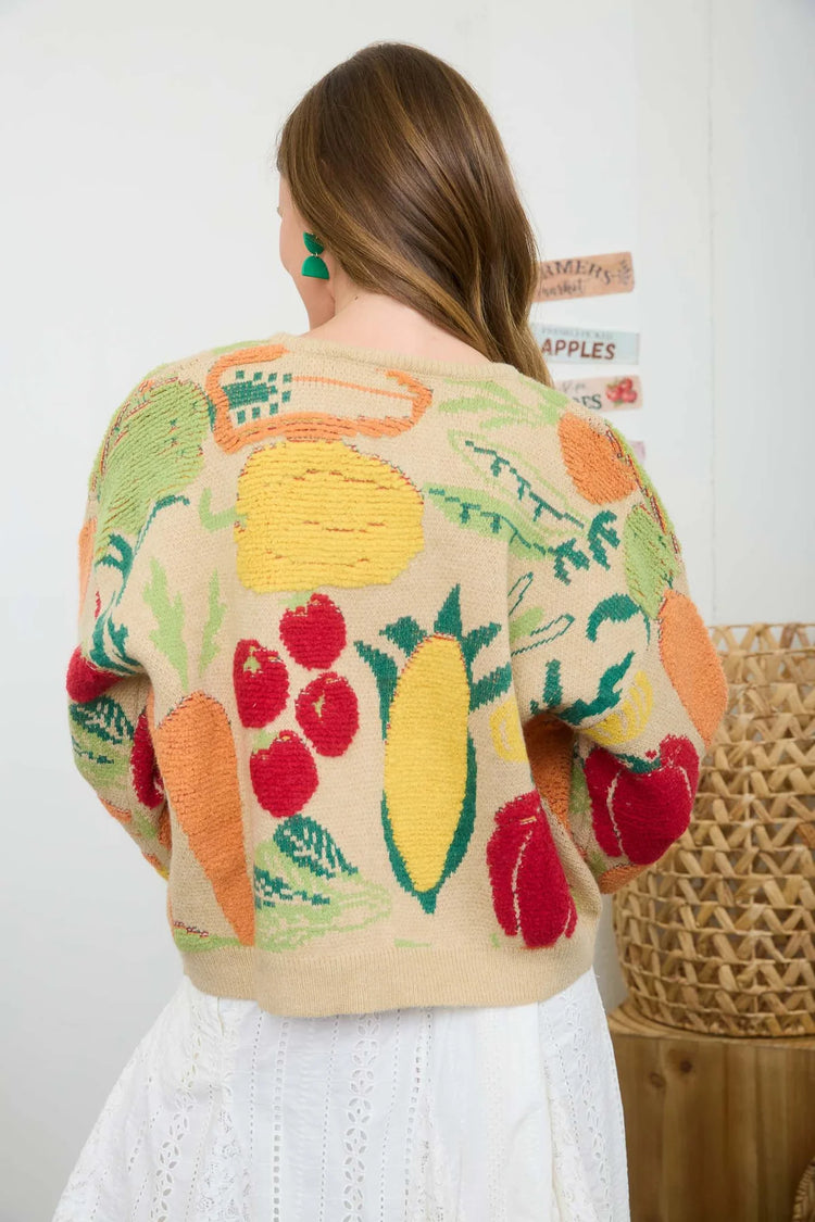 VEGGIE PATTERN NECK TIE KNIT CARDIGAN SWEATER