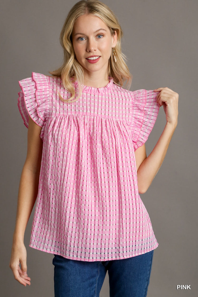 Checkered Seersucker Ruffle Neck Boxy Top