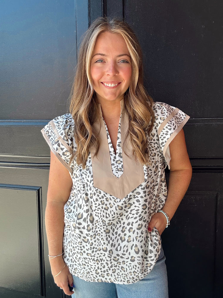 Leopard cream lined flutter blouse