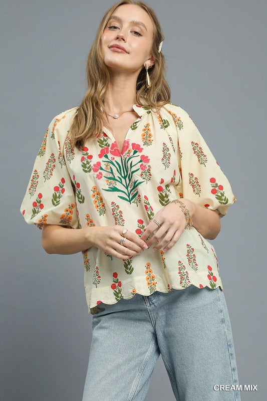 Puff Sleeve Floral Blouse with Scallop Hem