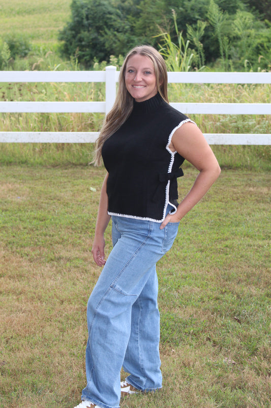 Mock Neck Stitch side Tie Sweater Top