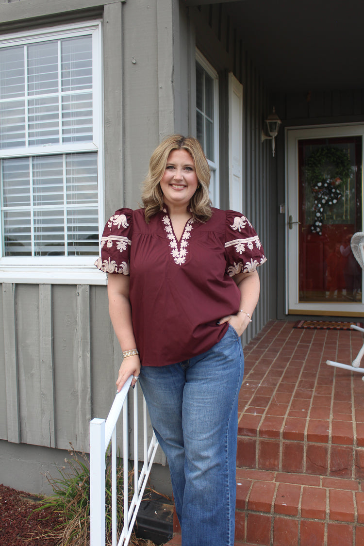 Burgundy Puff Sleeve with Embroidered detail