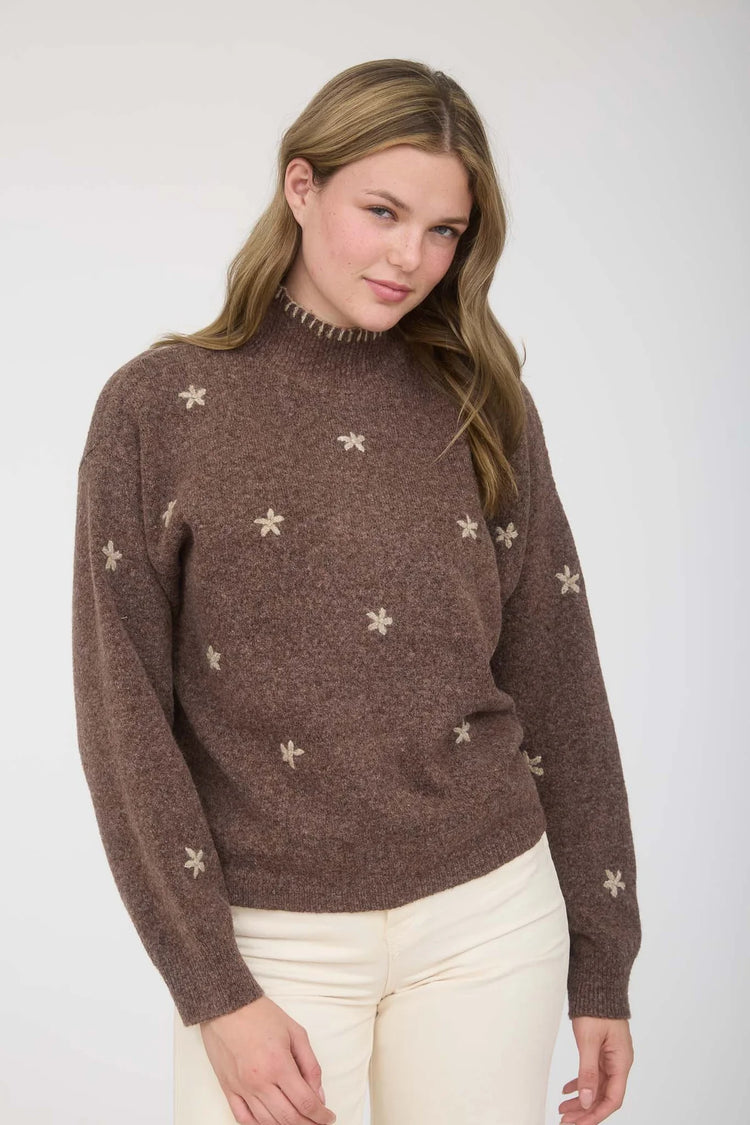 FLORAL EMBROIDERY MOCK NECK KNIT SWEATER