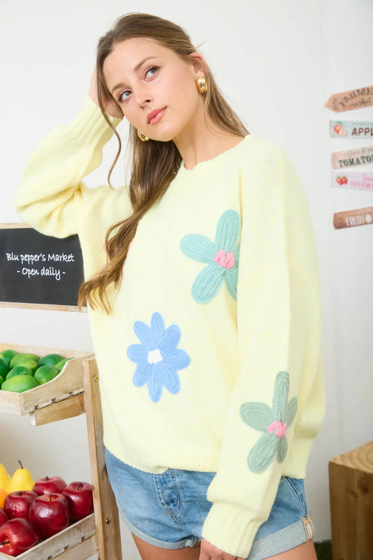 MULTI-COLOR CROCHET FLORAL DETAIL KNIT PULLOVER