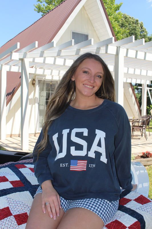 USA GRAPHIC RAGLAN LONG SLEEVE KNIT TOP : NAVY