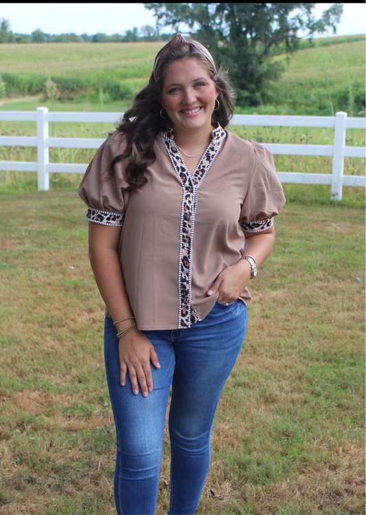 Tan Blouse with Leopard Details