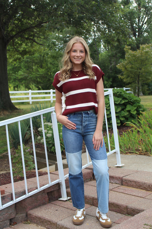 Stripe Side Tie short Sleeve Knit Sweater
