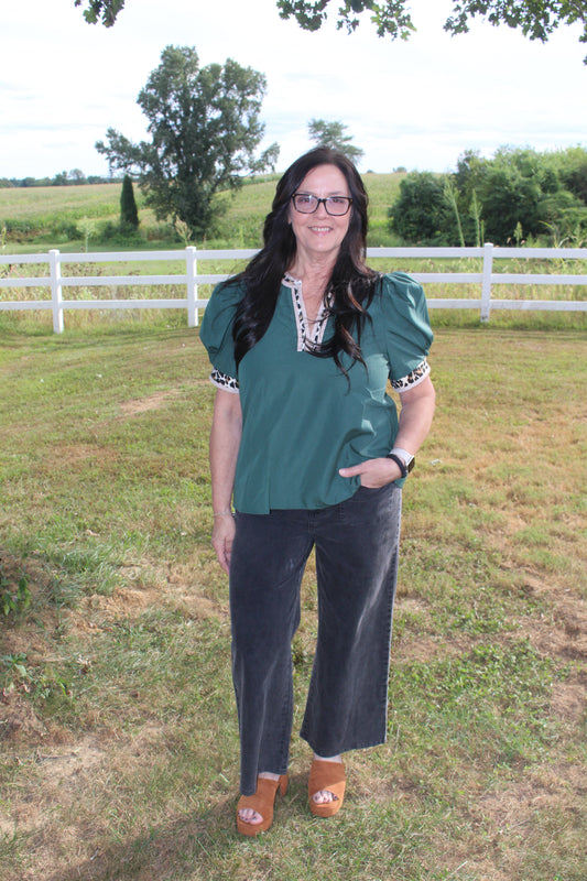 Solid Pleated Leopard Blouse