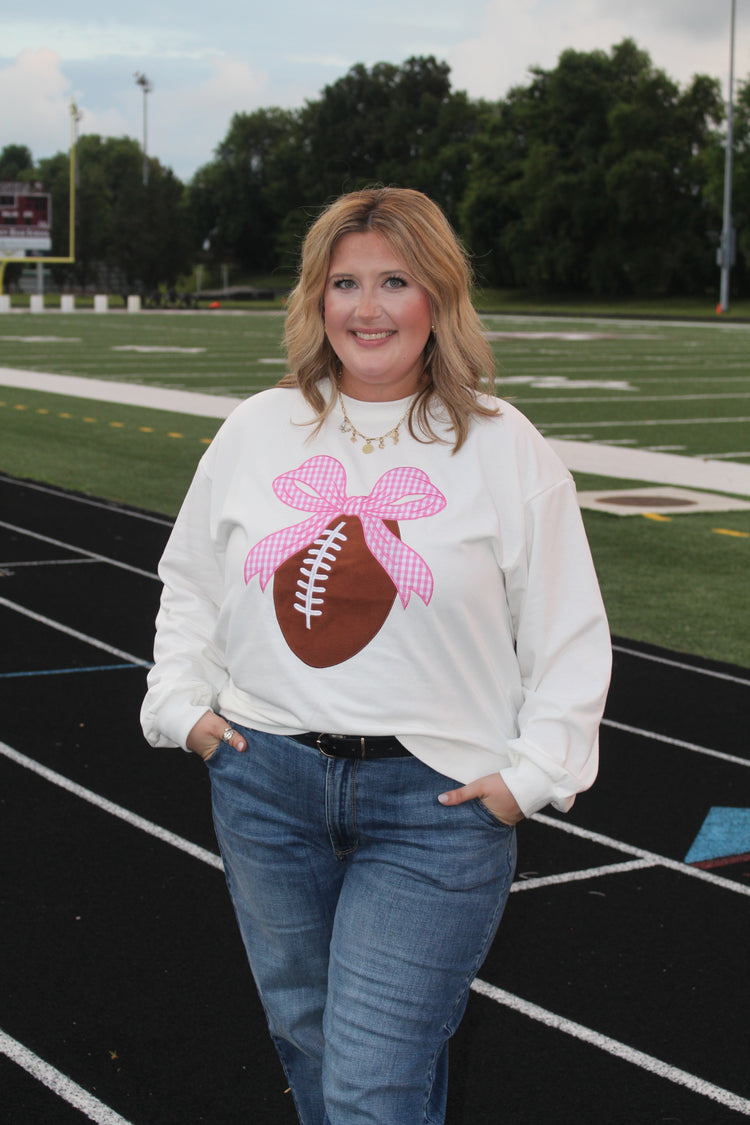 Long Sleeve Crewneck With Ribbon Bow Football Patchwork