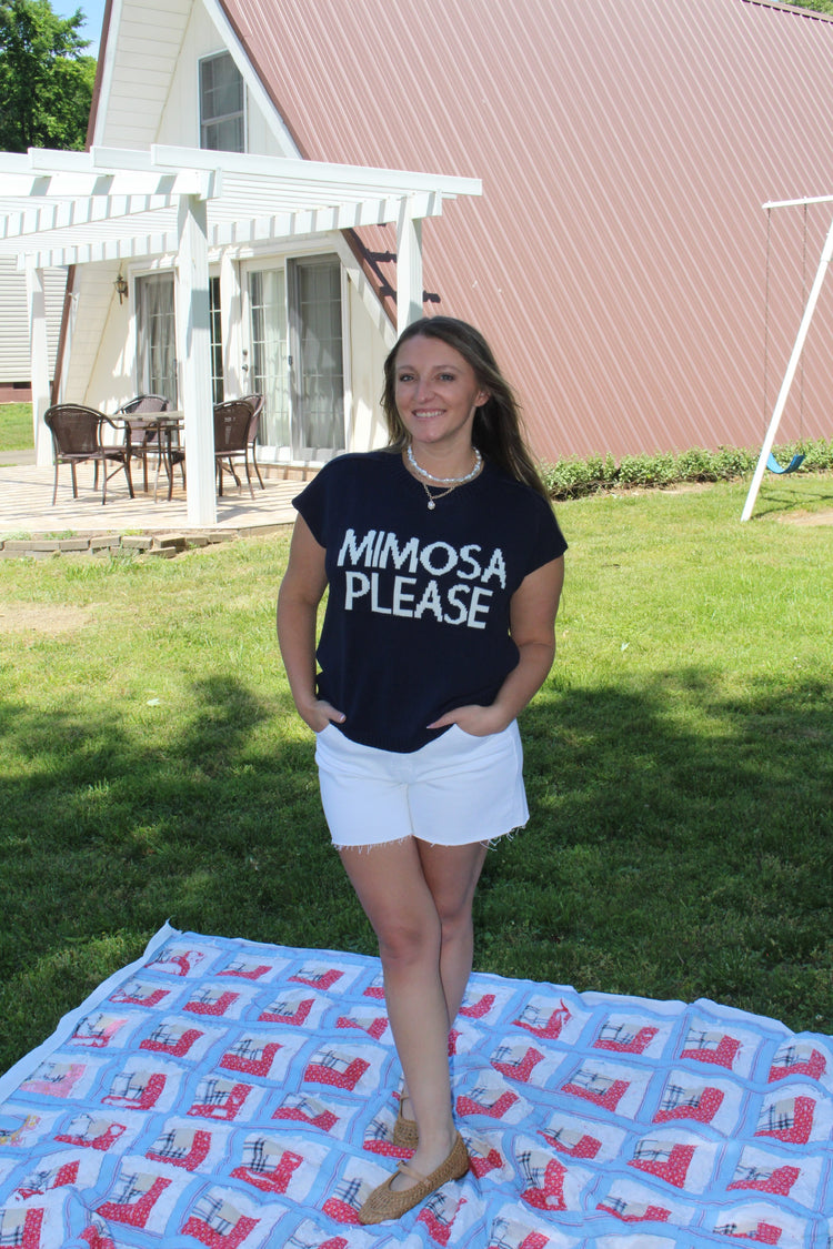 MIMOSA PLEASE SHORT SLEEVE PULLOVER SWEATER: NAVY