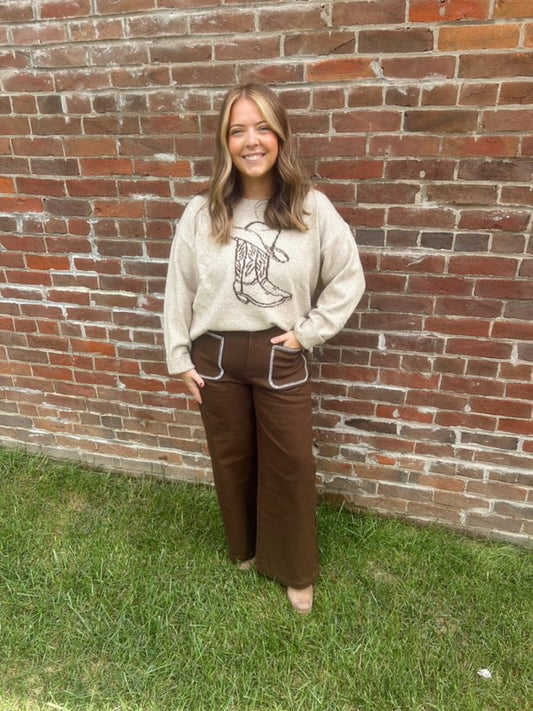 Brown Embroidered Trim Pants